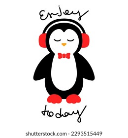 Cartoon Penguin in Headphones Icon Enjoy Today, Vector illustration