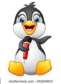 Cartoon penguin hold microphone