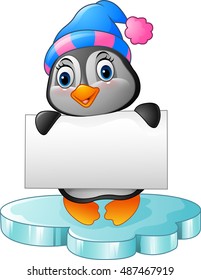 Cartoon penguin holding blank sign