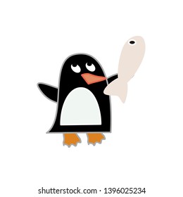 Cartoon penguin holding the fish, vector isolated on white background.
