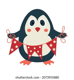 Cartoon penguin holding a rope with holyday flags in its wings. 