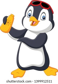 Cartoon penguin holding a sunblock bottle lotion cream