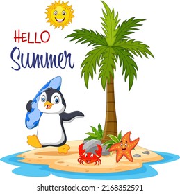 Cartoon penguin holding a surfboard in the tropical island