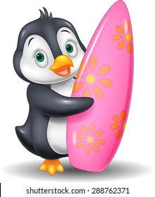 Cartoon Penguin holding surfing board