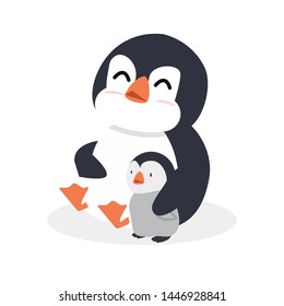 Cartoon penguin hug with baby penguin