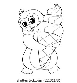 Cartoon penguin with ice cream. Black and white vector illustration for coloring book