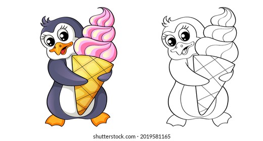 Cartoon penguin with ice cream. Color and black white vector illustration for coloring book