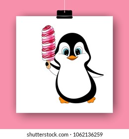 Cartoon penguin with ice cream isolated on white. Hand drawn vector illustration. Doodle art. Colorful yummy dessert and cute character. Element for poster, banner, menu, label, flyer, sticker, card