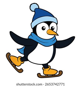 Cartoon penguin ice skating with blue hat and scarf