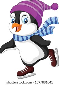 Cartoon penguin ice skating isolated on white background