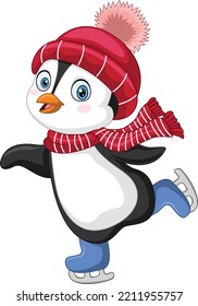 Cartoon penguin ice skating on white background