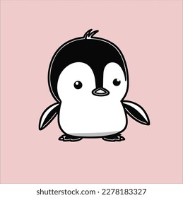Cartoon Penguin icon, cute baby penguin animal vector illustration, pink background