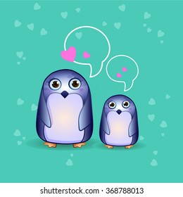 A cartoon penguin illustration of a girl with a heart / valentine's day, penguins vector icon / drawing, character / children's background vector / greeting card for Valentine's Day a little penguins
