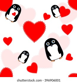 A cartoon penguin illustration of a girl with a heart. valentine's day, penguins vector icon. drawing, character.  background for girls. Seamless children's background with penguins for kids