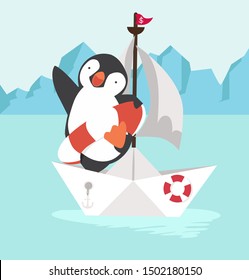 cartoon penguin inflatable ring in North pole Arctic
