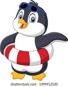 Cartoon penguin with inflatable ring and sunglasses