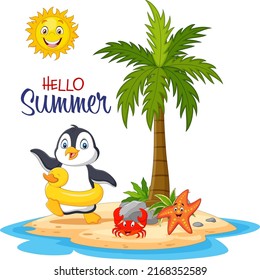 Cartoon penguin with inflatable ring in the tropical island