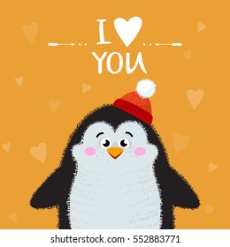Cartoon penguin isolated on background. I love you handwritten vector illustration. Lettering I love you. Vector illustration