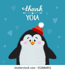 Cartoon penguin isolated on background. Thank you handwritten vector illustration. Lettering Thank you. Vector illustration
