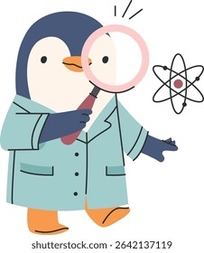A cartoon penguin in a lab coat holds a magnifying glass, examining an atom symbol. The character embodies curiosity and scientific exploration. Cartoon vector illustration.