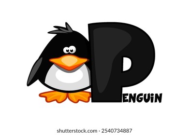 Cartoon Penguin and letter P, card for education. Animal start with letter P. Animal alphabet card. Learning letter P card. Kids education