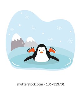 Cartoon penguin lies on the ice. The bird is skating. Vector illustration.
