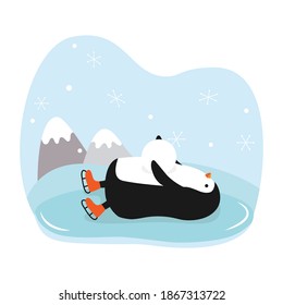 Cartoon penguin lies on the ice. The bird is skating. Vector illustration.