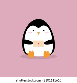 Cartoon Penguin With A Love Letter. Cute Character. Idea For St. Valentine's Day