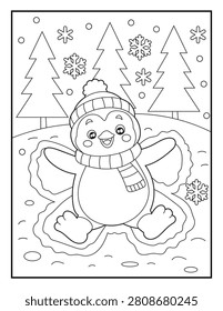 Cartoon Penguin Making a Snow Angel in the Snow Coloring Book Page for Kids. Easy Printable Winter Illustration. Black and White Holiday Activity Sheet 