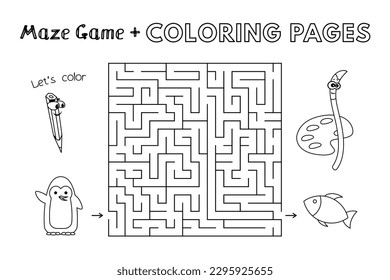 Cartoon penguin maze game. Vector coloring book pages for children