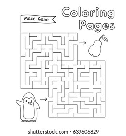 Cartoon penguin maze game. Vector coloring book pages for children