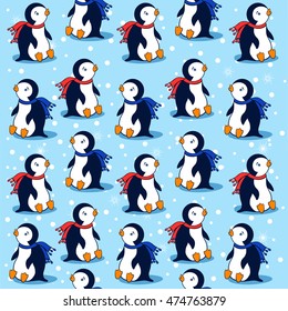 Cartoon penguin on blue background with snowflakes, vector seamless pattern, decorative texture, cheerful wallpaper, colorful ornament, Character design for greeting card, children invite, baby shower