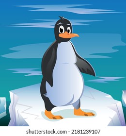 Cartoon Penguin is on ice in the ocean in North Pole, vector illustration