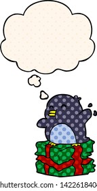 Cartoon-Pinguin auf Gegenwart mit Gedankenblase im Comicstil