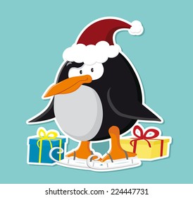 Cartoon penguin on skates with santa hat and xmas boxes (vector)