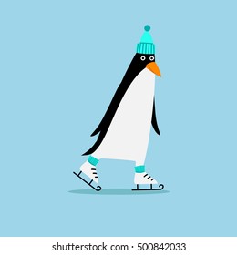 Cartoon penguin on skates. Vector penguin wearing a hat. Element for New Year and Christmas design. Vector illustration.