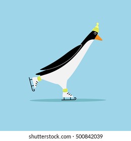 Cartoon penguin on skates. Vector penguin wearing a hat. Element for New Year and Christmas design. Vector illustration.