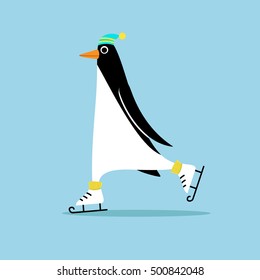 Cartoon penguin on skates. Vector penguin wearing a hat. Element for New Year and Christmas design. Vector illustration.