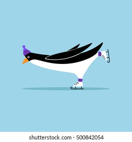 Cartoon penguin on skates. Vector penguin wearing a hat. Element for New Year and Christmas design. Vector illustration.