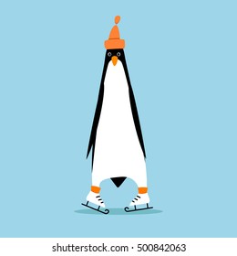 Cartoon penguin on skates. Vector penguin wearing a hat. Element for New Year and Christmas design. Vector illustration.