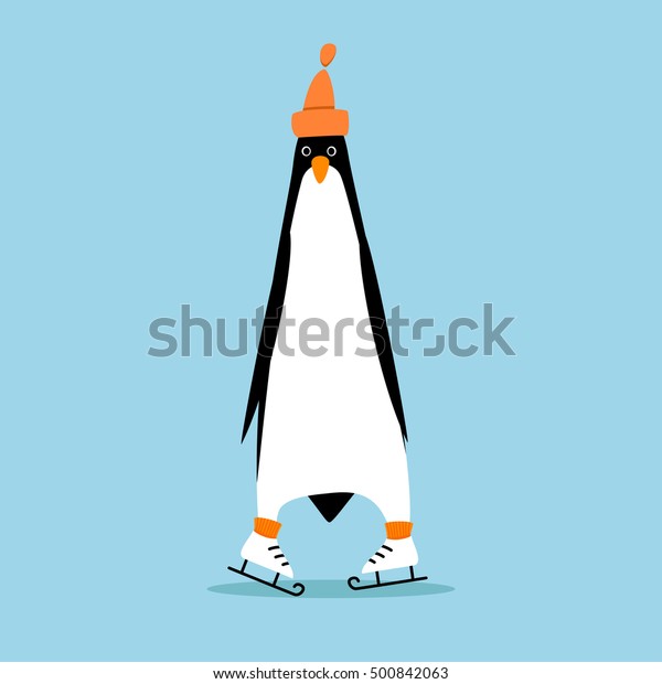スケート靴にマンガのペンギン 帽子をかぶったベクターペンギン 新年とクリスマスデザインのエレメント ベクターイラスト のベクター画像素材 ロイヤリティ フリー