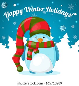 Cartoon penguin on snowflake background.