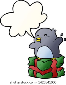 cartoon penguin on wrapped present with speech bubble in smooth gradient style