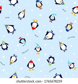 Cartoon penguin pattern with several styles of wearing a distinctive Christmas hat, vector illustrations, circles of various sizes as a background