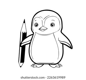 Cartoon penguin with a pencil in hand in black and white style for coloring. Vector illustration
