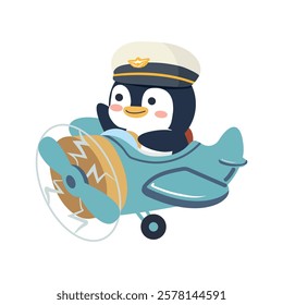 Cartoon of a Penguin Pilot Flying a Plane