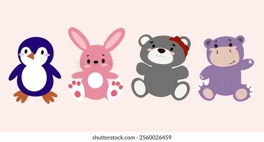 Cartoon penguin, pink rabbit, gray teddy bear with red bow, and purple hippo sitting on light beige background. Cute animal illustration