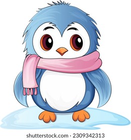 A cartoon penguin with a pink scarf on its neck is standing on an ice cube. Penguin Cartoon vector illustration.