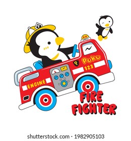 cartoon penguin playing a firefighter, vector illustration