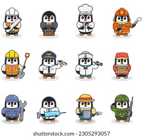 Cartoon Penguin in professional uniform. Vector set of Penguin different professions. Vector characters with jobs different occupation. Different jobs professionals. Isolated vector icons set